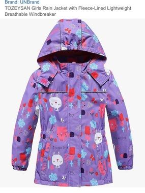 Kids Waterproof Purple Animal Print Rain Jacket on a warmed lining